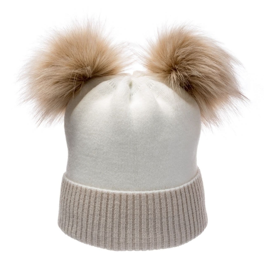 Chic White and Tan Kids Pom-Pom Hat